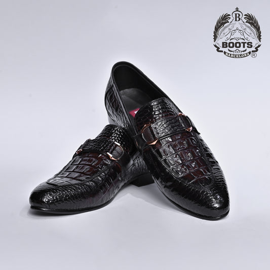 Double Shaded Crocodile Leather Shoes with Side Buckle