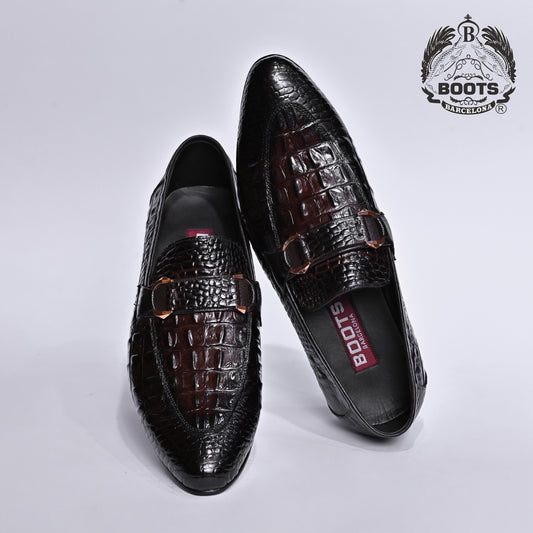 Double Shaded Crocodile Leather Shoes with Side Buckle
